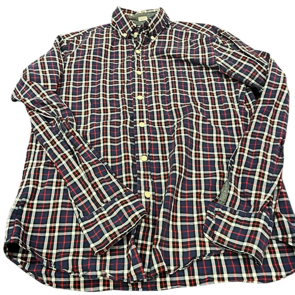 J Crew Button Down Shirt Navy Blue Red Plaid Slim Fit Mens Size Large